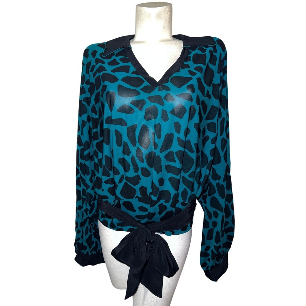 Diane von Furstenberg Teal Black Giraffe Print Silk Blouseโ Smocked Tie Waist XL